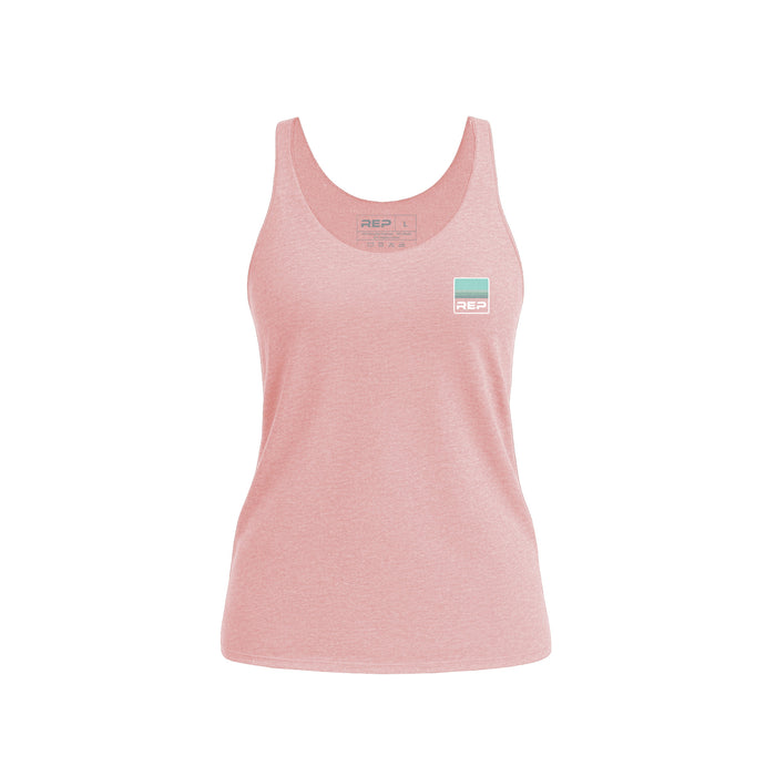 The REP Fitness Women's Rise Tri-Blend Tank in Heather Rose/Blue front, flat shot