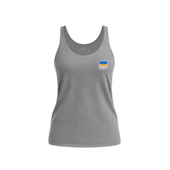 The REP Fitness Women's Rise Tri-Blend Tank in Heather Gray/Blue front