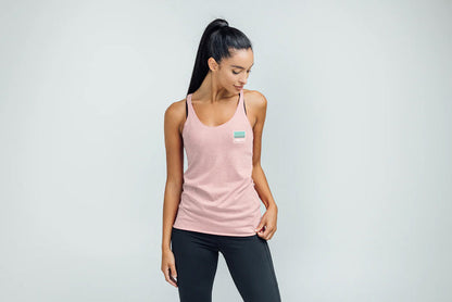 The REP Fitness Women's Rise Tri-Blend Tank in Heather Rose/Blue on body