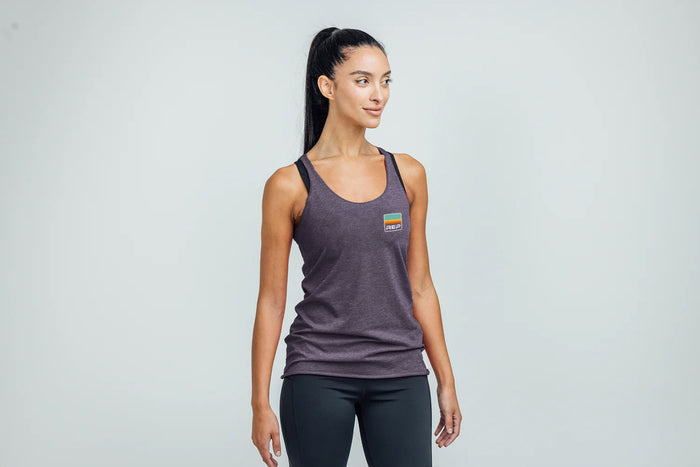 The REP Fitness Women's Rise Tri-Blend Tank in Heather Purple/Blue on body