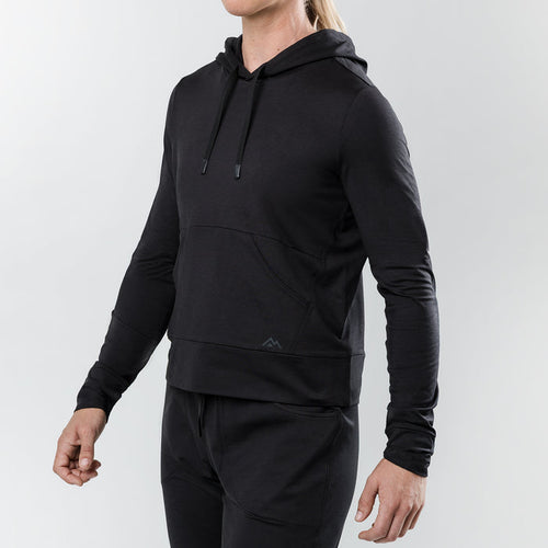 The REP Fitness Women's Vellus Hoodie in Heather Black front, 3/4 angle