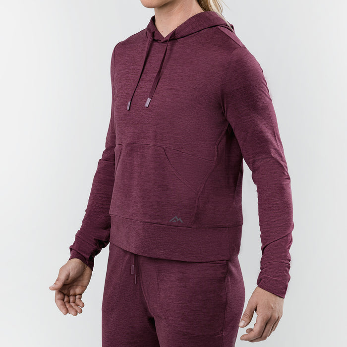 The REP Fitness Women's Vellus Hoodie in Heather Wine front, 3/4 angle