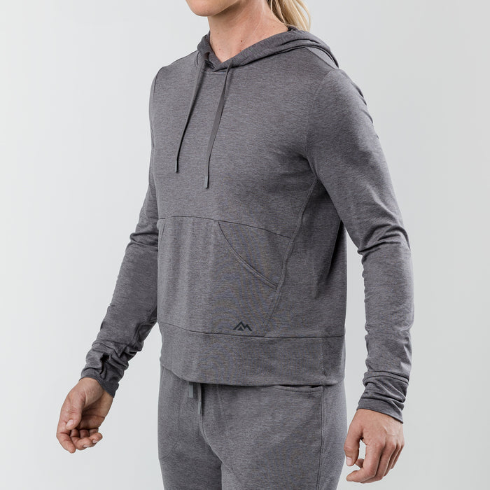 The REP Fitness Women's Vellus Hoodie in Heather Cool Gray front, 3/4 angle