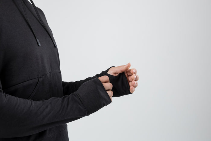 The REP Fitness Women's Vellus Hoodie in Heather Black cuff detail