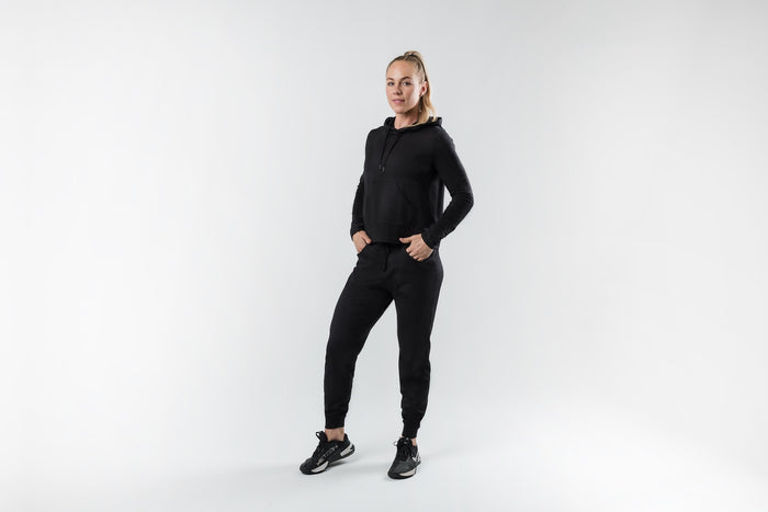 The REP Fitness Women's Vellus Hoodie in Heather Black front, full body