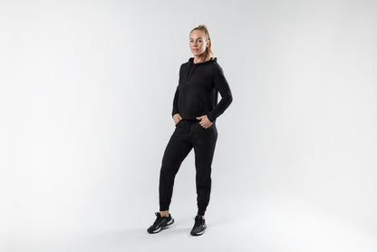 The REP Fitness Women's Vellus Hoodie in Heather Black front, full body