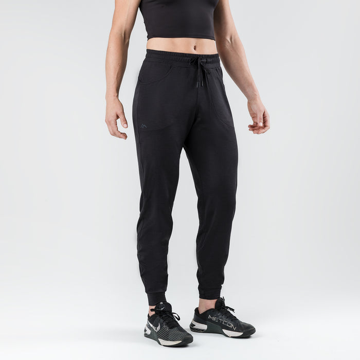 The REP Fitness Women's Vellus Joggers in Heather Black front, cropped torso
