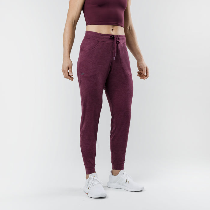 The REP Fitness Women's Vellus Joggers in Heather Wine front, cropped studio