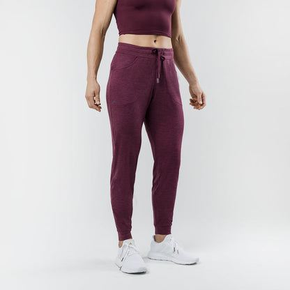 The REP Fitness Women's Vellus Joggers in Heather Wine front, cropped studio