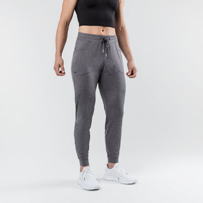 The REP Fitness Women's Vellus Joggers in Heather Cool Gray front, cropped studio