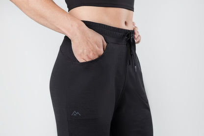 The REP Fitness Women's Vellus Joggers in Heather Black front, pocket detail