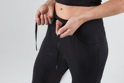The REP Fitness Women's Vellus Joggers in Heather Black front, waistband detail