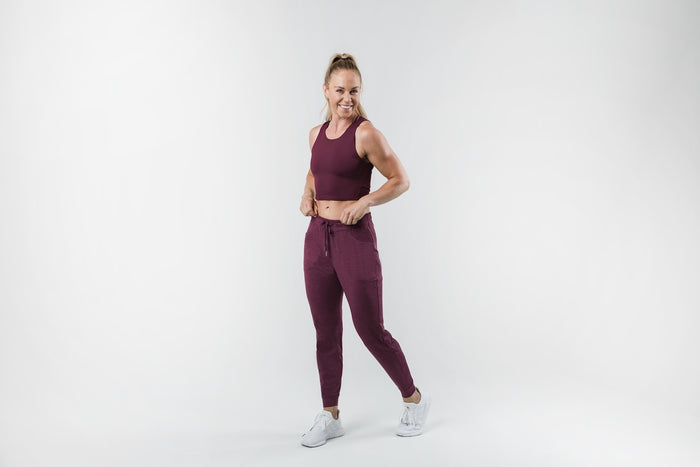 The REP Fitness Women's Vellus Joggers in Heather Wine front