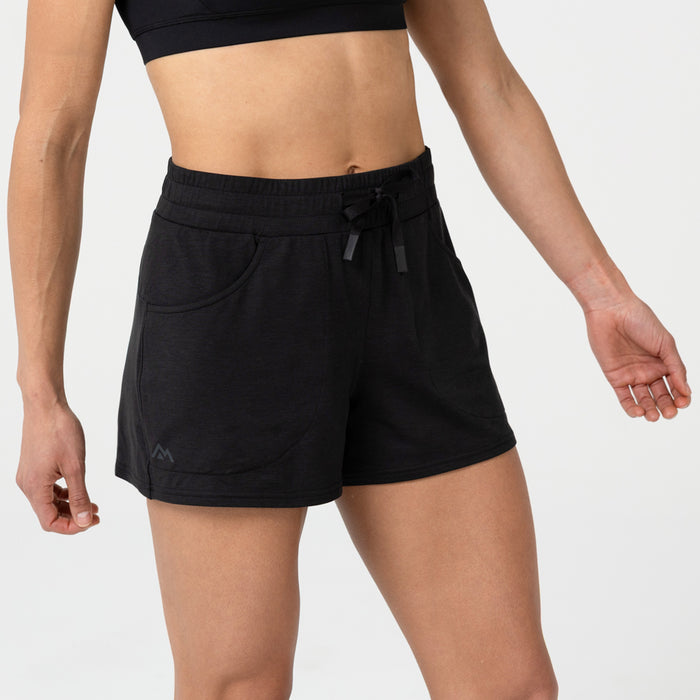 The REP Fitness Women's Vellus Shorts in Black front, hip close-up