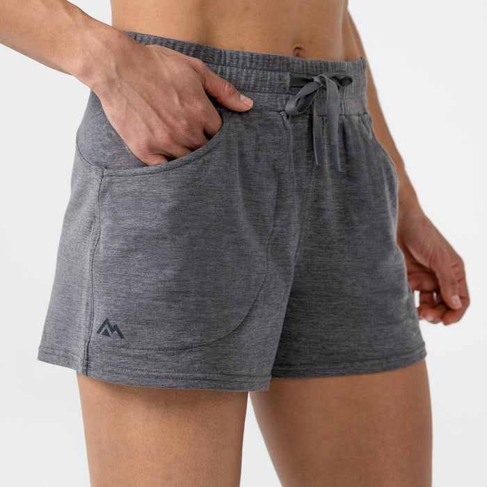 The REP Fitness Women's Vellus Shorts in Cool Gray front, pocket detail
