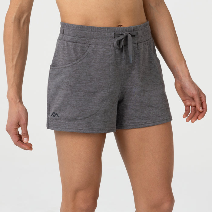 The REP Fitness Women's Vellus Shorts in Cool Gray front, waistband detail