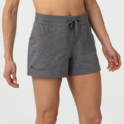 The REP Fitness Women's Vellus Shorts in Cool Gray front, waistband detail