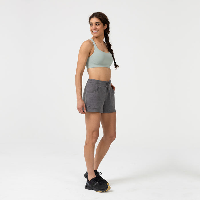 The REP Fitness Women's Vellus Shorts in Cool Gray 3/4 view, full body