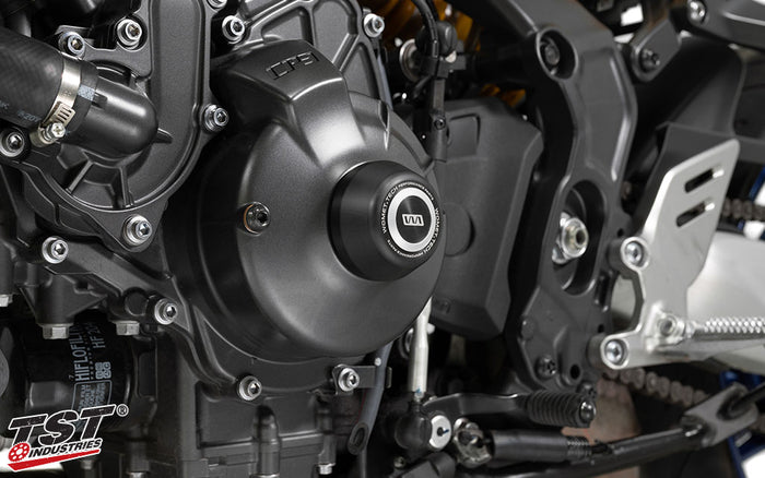 Womet-Tech's engine Crash Protector installed on the 2021+ Yamaha MT-09 with silver cap.