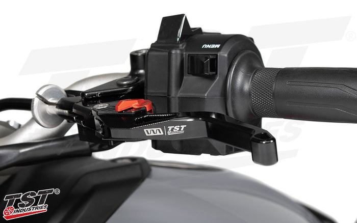 Ditch the stock levers for black anodized levers with adjustable positions.