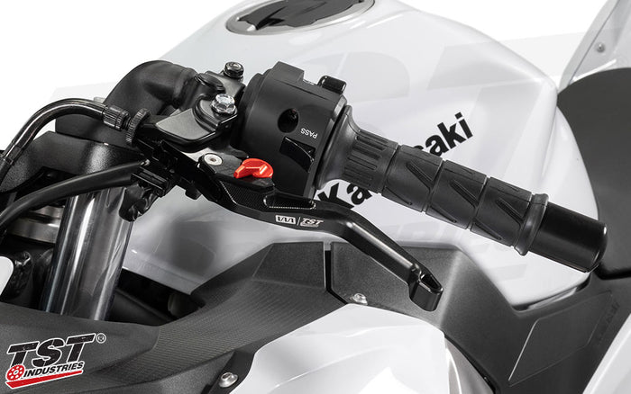 Womet-Tech Evos Shorty Levers installed shown installed on the Kawasaki Ninja 400