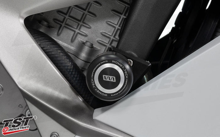 Protect your 2013-2018 Kawasaki ZX6R with Frame Sliders from Womet-Tech. (Silver Slider Cap Sold Separately)