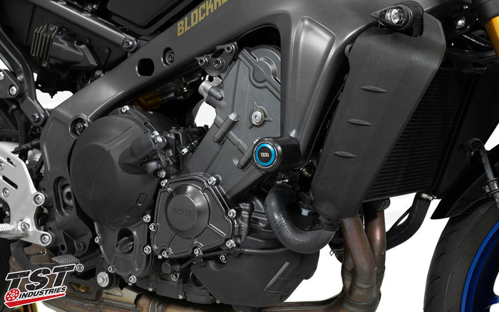 Womet-Tech Frame Sliders installed on the 2021-2023 Yamaha MT-09 SP. (Blue Slider Cap Sold Separately)