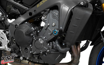 Womet-Tech Frame Sliders installed on the 2021-2023 Yamaha MT-09 SP. (Blue Slider Cap Sold Separately)
