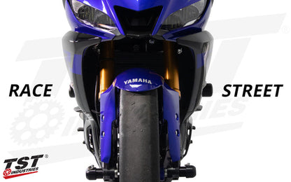 Compare the Race and Street slider puck length installed on the 2019-2024 Yamaha R3.