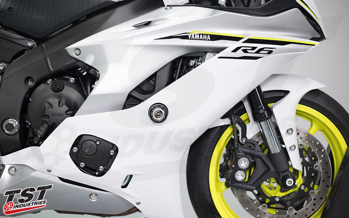 Womet-Tech Frame Sliders installed on the 2017 Yamaha YZF-R6.