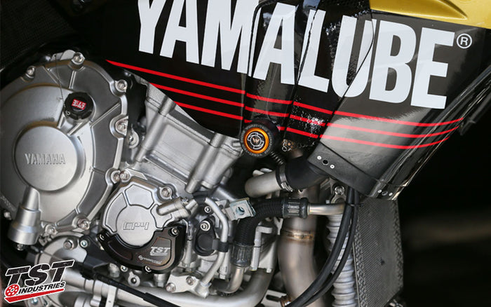 The same frame slider design is used to protect the Team Yamalube Westby R1 in MotoAmerica.