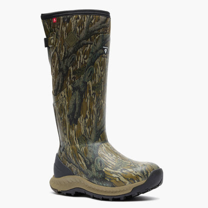 Woodland Pro Men's 17" Camo Hunting Boot in Mossy Oak Original Treestand realistic tree bark camouflage pattern in shades of brown, green, and beige, featuring a black top collar and a tan and black sole, shown against a plain white background.