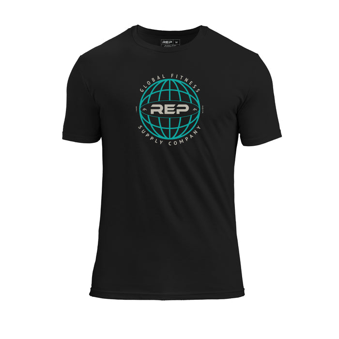 REP Fitness Worldwide Tri-Blend Crew T-Shirt in Heather Black with a blue graphic
