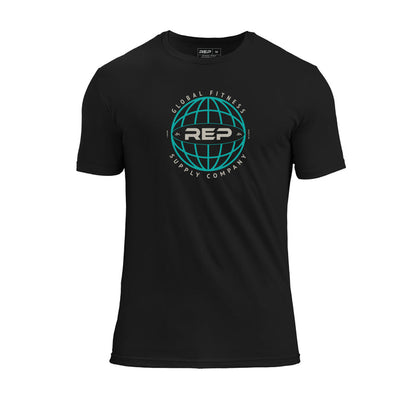 REP Fitness Worldwide Tri-Blend Crew T-Shirt in Heather Black with a blue graphic