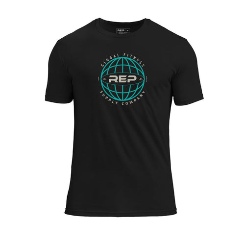 REP Fitness Worldwide Tri-Blend Crew T-Shirt in Heather Black with a blue graphic