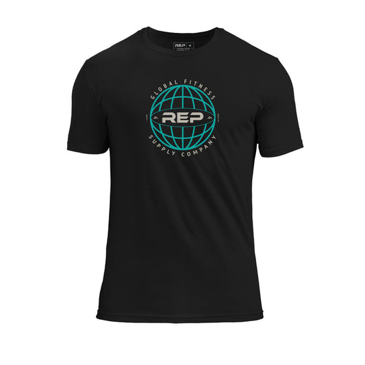REP Fitness Worldwide Tri-Blend Crew T-Shirt in Heather Black with a blue graphic
