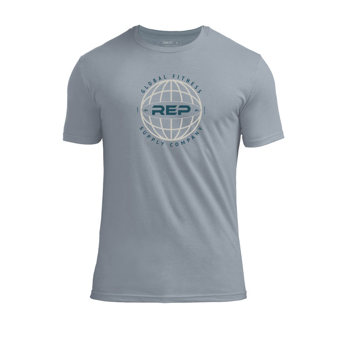 REP Fitness Worldwide Tri-Blend Crew T-Shirt in Heather Flint with a gray graphic