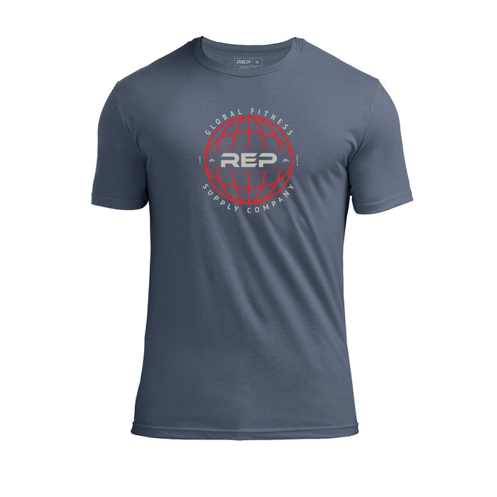 REP Fitness Worldwide Tri-Blend Crew T-Shirt in Heather Navy with a red graphic