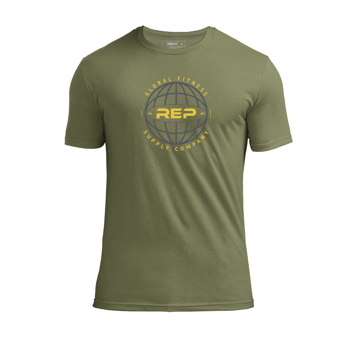 The REP Fitness Worldwide Tri-Blend Crew T-Shirt in Heather Olive/Gray front