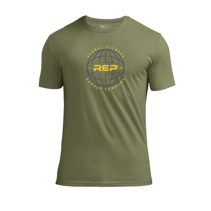 The REP Fitness Worldwide Tri-Blend Crew T-Shirt in Heather Olive/Gray front