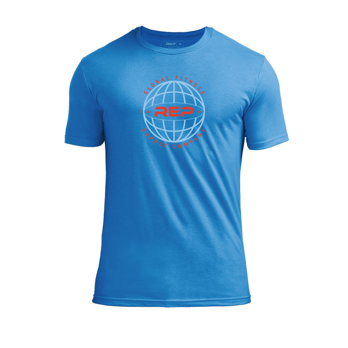 REP Fitness Worldwide Tri-Blend Crew T-Shirt in Heather Royal Blue with a light blue graphic